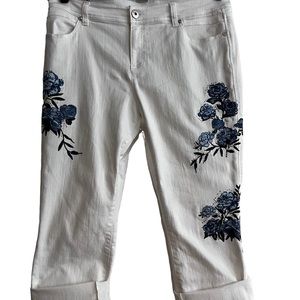 INC women’s white embroidered crop jeans  size 12. Inseam 20” cuffed. 24” uncuff